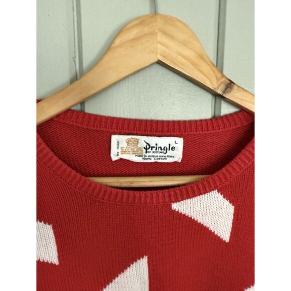 Men's Vtg Pringle Of Scotland Sweater L Large 100% Cotton Red White Geometric - Picture 4 of 8